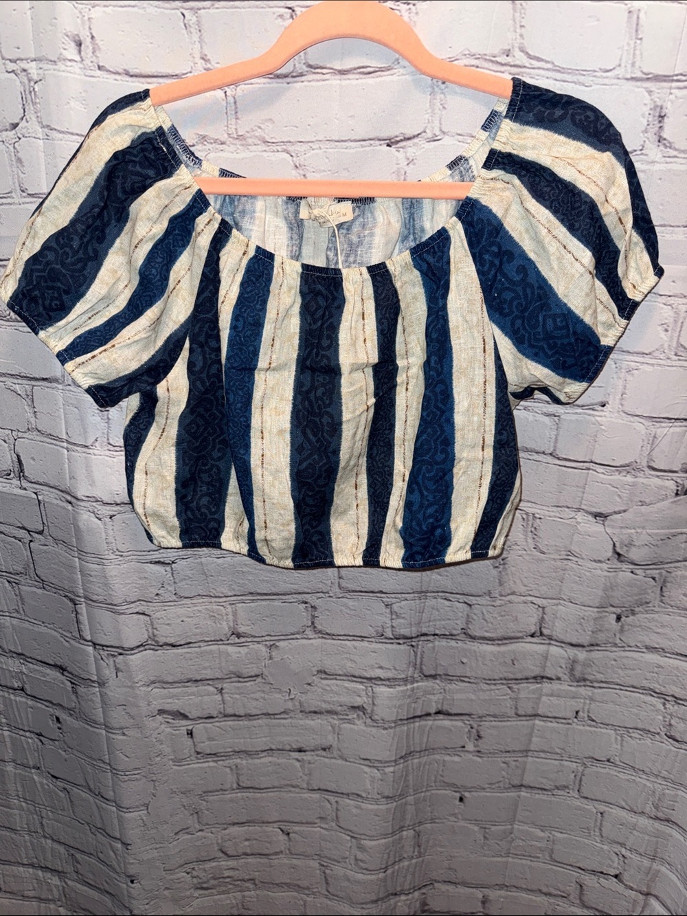 Striped Navy and Cream Off-Shoulder Crop Top - Picture 2 of 8